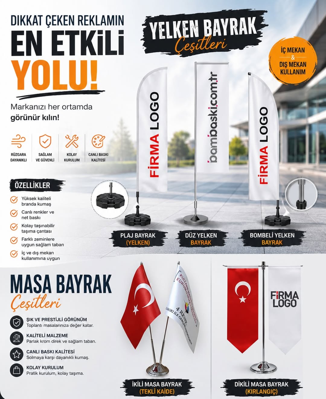 🚩 YELKEN BAYRAK & MASA BAYRAK ÇEŞİTLERİ Markanızı her ortamda görünür kılın! Fuar, etkinlik, mağaza önü, açılı…