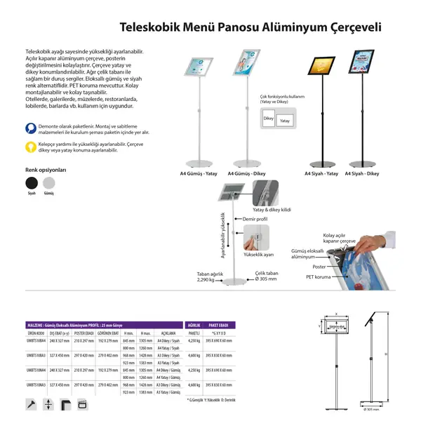 Teleskopik Menü Panosu Alüminyum Çerçeveli