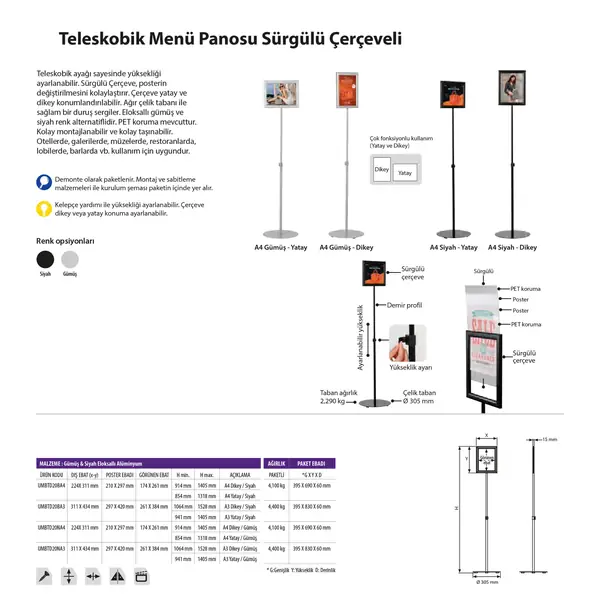 Teleskopik Menü Panosu Sürgülü Çerçeveli